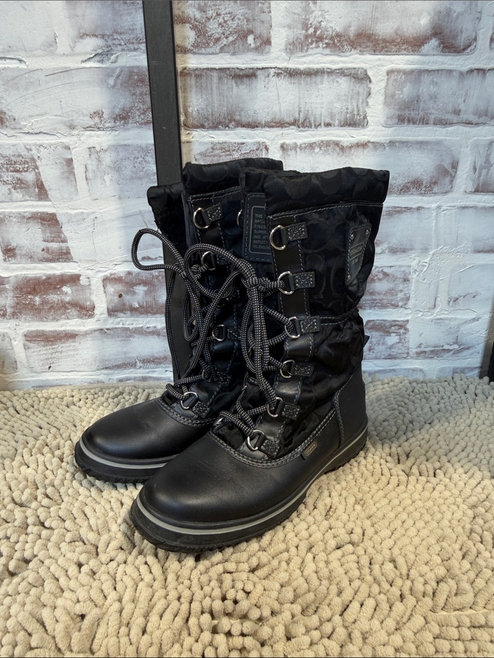 Coach Black Quilted Lace-Up Winter Boots